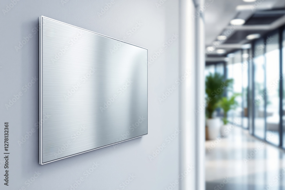 Canvas Prints Metallic panel mounted on a wall in a modern office hallway with blurred plants and natural light in the background.