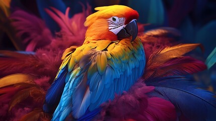 Fototapeta premium Parrot resting on a throne of feathers in a magical aviary