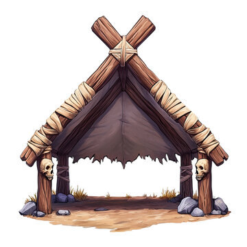 Simple rustic wooden hut with skulls,  worn fabric, and cross-beam structure on a dirt ground.