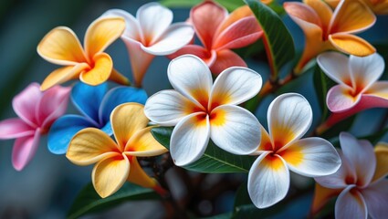 Obraz premium Colorful plumeria flowers with vibrant petals and green leaves naturally arranged in a tropical garden setting
