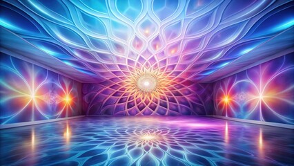 Obraz premium Enigmatic Chamber with Intricate, Luminescent Wall and Ceiling Designs Featuring Symmetrical Floral Patterns and Glowing Accents