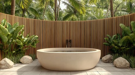 Tranquil Outdoor Bathtub Amidst Lush Tropical Foliage