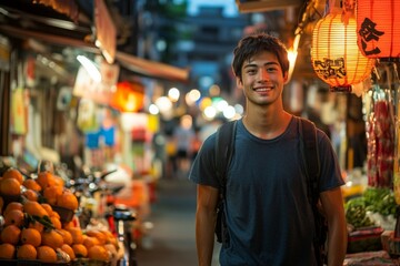 Obraz premium Young man enjoying the vibrant atmosphere of a night market in Asia surrounded by colorful lanterns and fresh produce