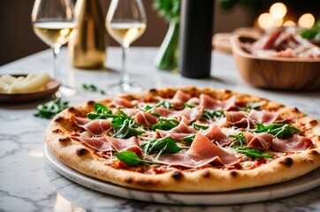 Enjoy a flavorful prosciutto pizza with crisp arugula and a glass of chilled white wine.