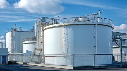 A white storage tank with a large access hatch and surrounding safety railings in a clean industrial yard.