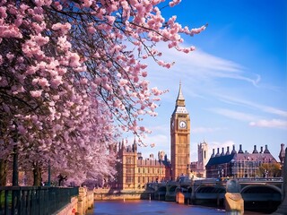 London's Iconic Clock Tower Amidst Blooming Cherry Trees