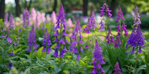 Obraz premium Purple flowers in a lush garden setting with various shades of green foliage and blurred background of trees and park environment