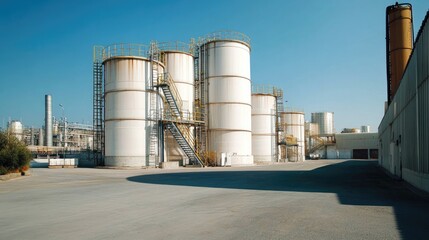 Fototapeta premium A white storage tank with a metal ladder running along its side, positioned in a clean and organized industrial yard.