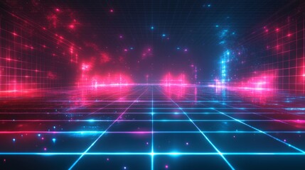 Naklejka premium a futuristic digital space with red and blue grid lines and shimmering particles, creating a sense of depth and technology