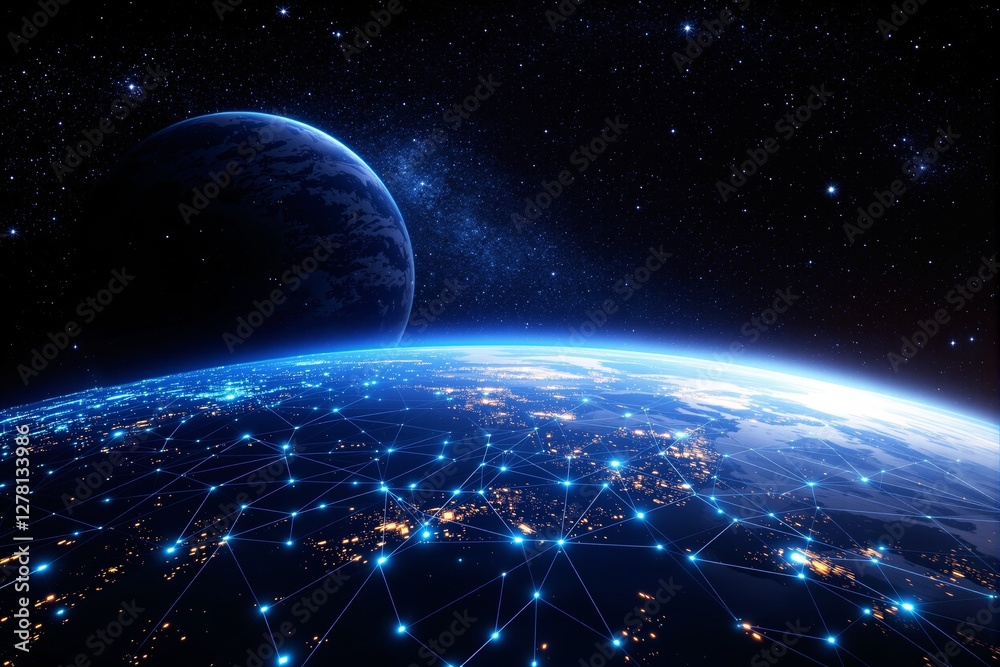 Poster digital network connections over earth with glowing lights in space.