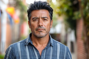 Fototapeta premium Man with serious expression standing in a narrow alleyway surrounded by greenery on a sunny day