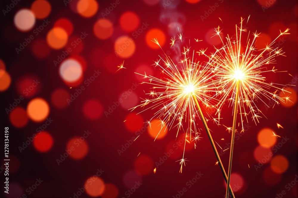 Poster Sparkling sparklers with glowing bokeh background in vibrant red and orange tones.