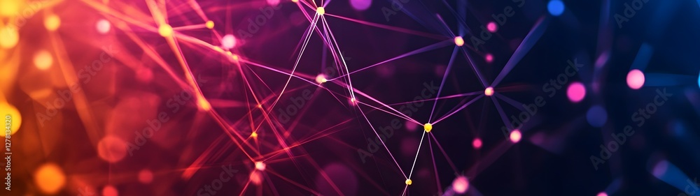 Poster A mesmerizing abstract composition featuring a dynamic network of interconnected glowing luminescent particles and intricate kaleidoscopic patterns