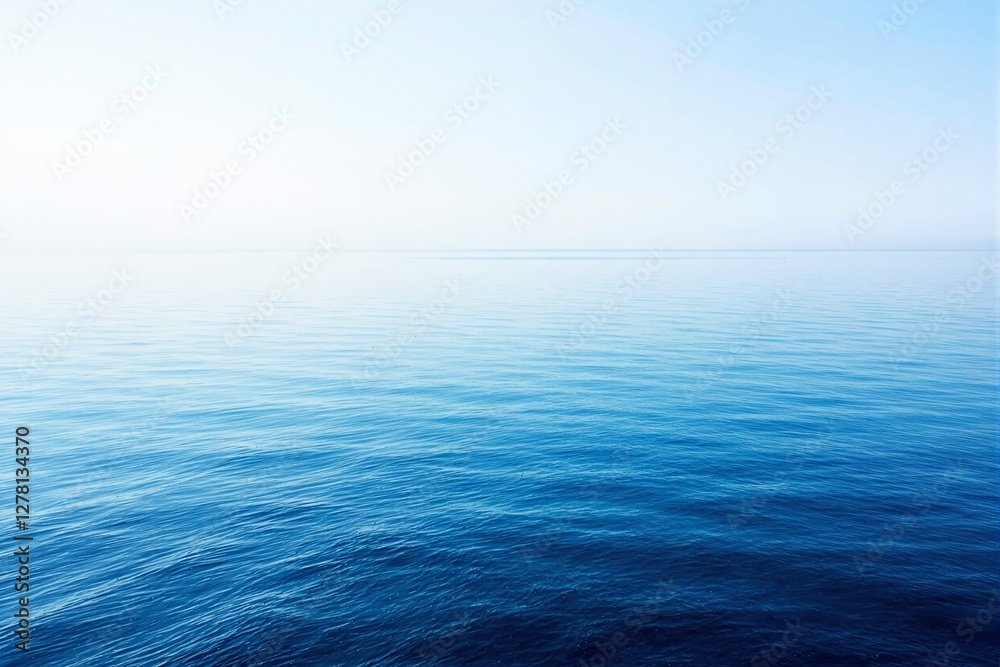 Poster serene ocean view with calm blue water stretching into a soft, hazy horizon under a clear sky.