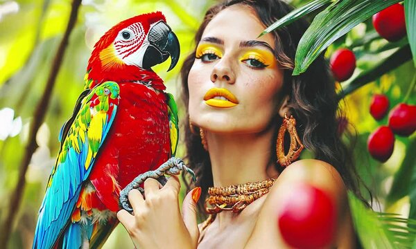 Fashion woman with parrot. Tropical vibes.