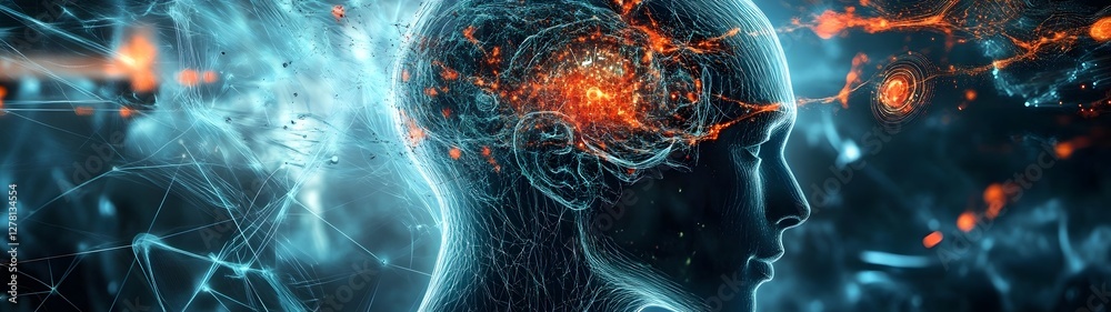 Poster A mesmerizing abstract digital art representation of the intricate neural network within the human brain showcasing a futuristic and dynamic visual of glowing synaptic connections neon lights