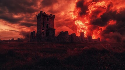 Obraz premium Majestic Ruins Under Fiery Sky with Dramatic Clouds at Dusk