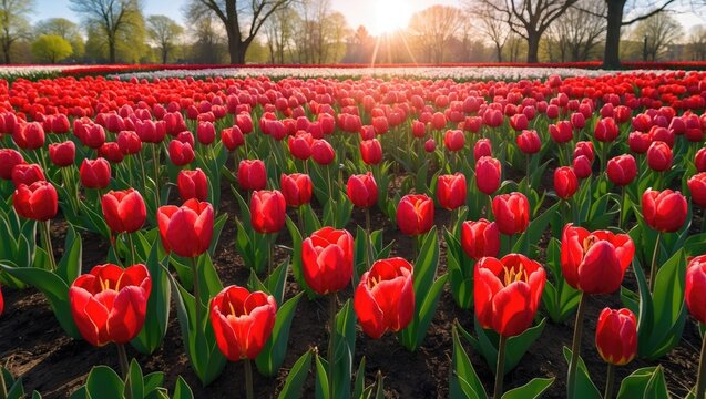 Vibrant field of red tulips in full bloom under a golden sunset with trees in the background and clear blue skies