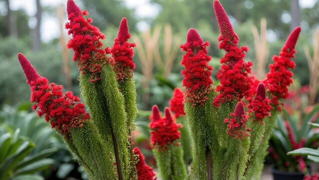 Vibrant red celosia flowers with green foliage in a landscaped garden setting during daylight