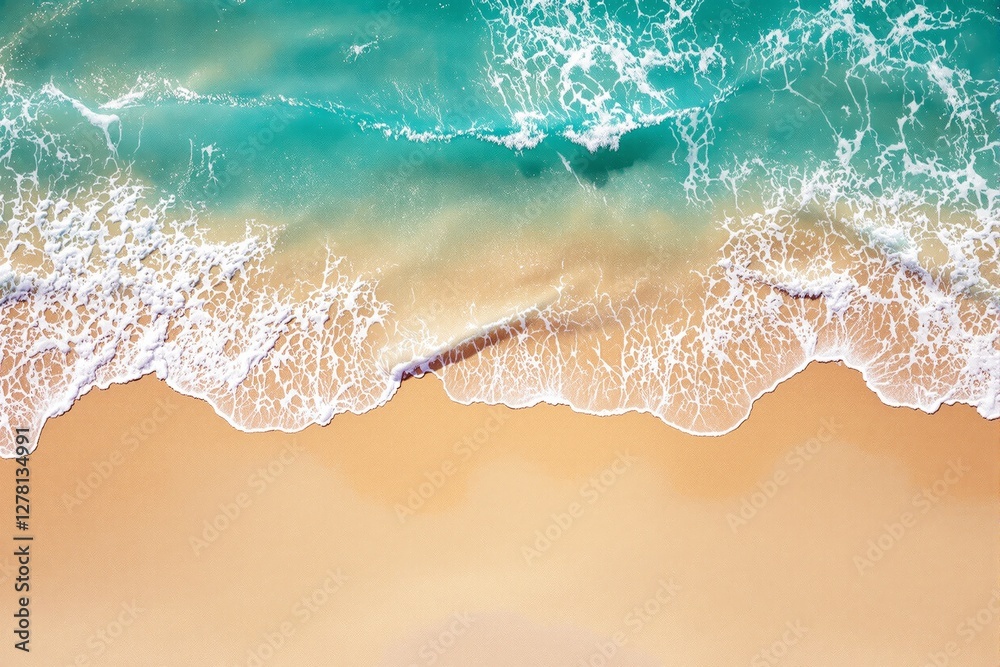 Aufkleber Aerial view of ocean waves crashing on sandy beach shore, creating white foam patterns.