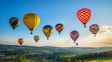 Naklejka premium Colorful hot air balloons soar over scenic landscape at sunrise.