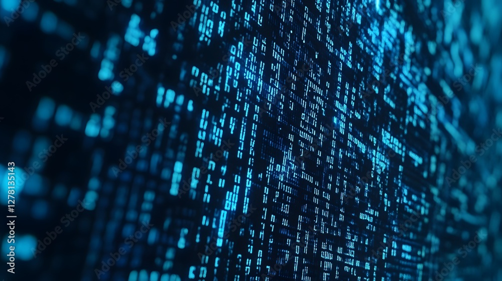 Leinwandbilder Abstract blue digital data matrix backdrop with futuristic binary code programming elements and technology symbols  inspired digital information computing and intelligence concept