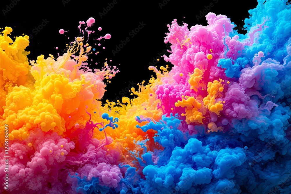Poster vibrant colorful ink clouds in dynamic motion on a black background.