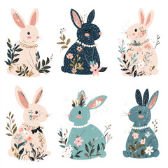 Fototapeta premium Set of six Easter bunnies with intricate floral patterns in pastel shades of pink, blue, beige and navy. Vintage and feminine design, suitable for Easter and spring-themed crafts
