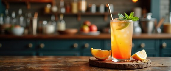 Refreshing colorful cocktail with citrus garnishes on wooden kitchen table with blurred background of home bar and kitchen utensils