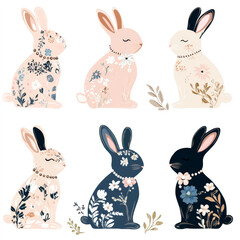 Fototapeta premium Set of six Easter bunnies with intricate floral patterns in pastel shades of pink, blue, beige and navy. Vintage and feminine design, suitable for Easter and spring-themed crafts