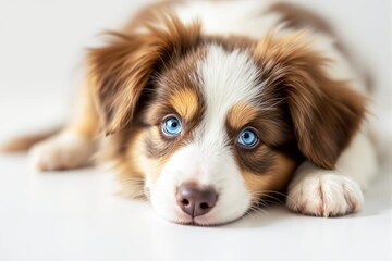 Fototapeta premium Adorable puppy with blue eyes lying on white background.