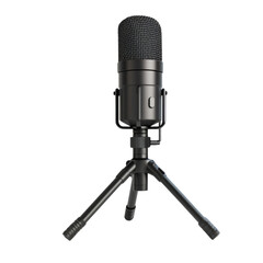 Professional microphone on tripod stand, ideal for recording and broadcasting. This sleek black design enhances audio quality for various applications