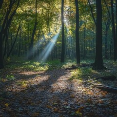 Obraz premium Serene Forest Sunlight Filtering Through Trees Casting Rays on Ground Creating a Mystical Atmosphere with Tall Trees and Autumnal Leaves