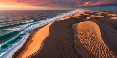 Aerial view of the Namib desert dunes meeting the Atlantic ocean at a vibrant sunset.