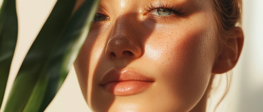 Close-up of a young woman’s glowing face with natural sunlight and leaf shadows casting over her skin, capturing beauty and freshness.

