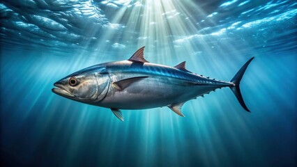 Fototapeta premium A majestic pelagic fish gracefully glides through sunlit ocean depths, its streamlined body catching the radiant beams
