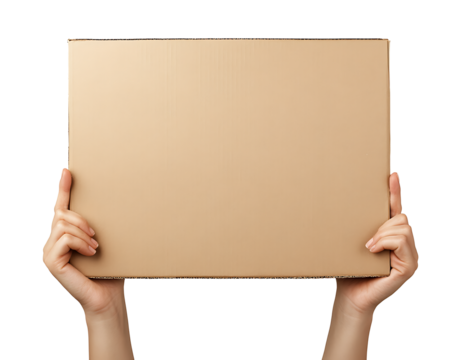 Unrecognizable man hands holding a protest banner with no message, with the sky in the background.PNG - Powered by Adobe