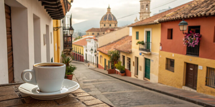 Fototapeta A Cup of Coffee Set Against the Backdrop of a Spanish Street for Cultural Experience