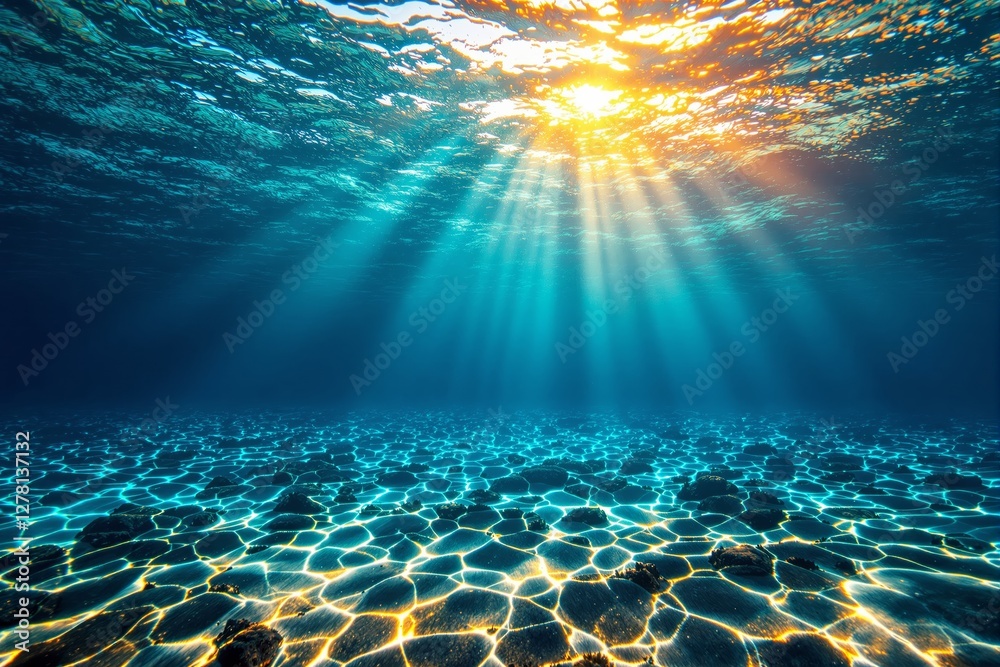 Poster sunlight beams penetrating clear ocean water, illuminating the seabed.