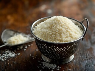 mound of panko breadcrumbs in a metal colander. The breadcrumbs appear coarse and flaky, showcasing their light, airy texture. They are arranged in a heap, allowing for light to filter through