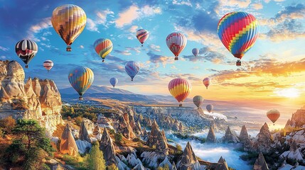 Naklejka premium Colorful hot air balloons soar over scenic valley at sunrise.