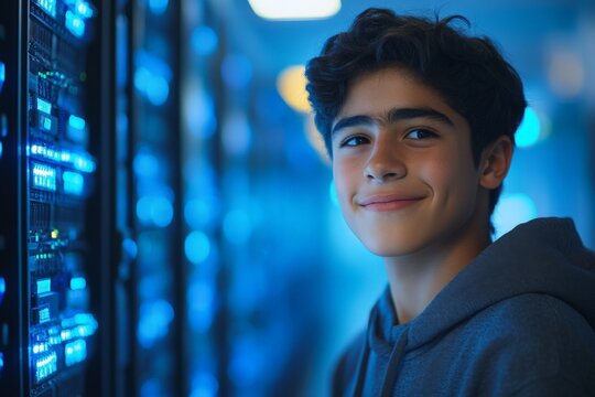 Young boy smiling in a server room filled with glowing blue lights working on technology