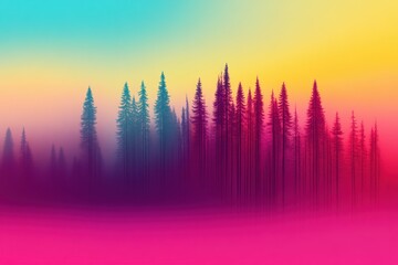 Colorful gradient landscape with misty pine trees