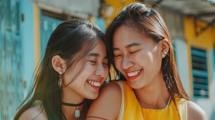 Joyful Moments Between Asian Mother and Daughter Enjoying a Fun Outdoor Day Together in a Vibrant Neighborhood
