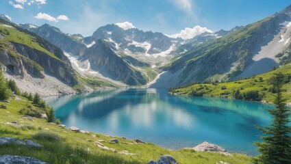 Mountain landscape with turquoise lake surrounded by rocky peaks and lush green vegetation under clear blue sky.