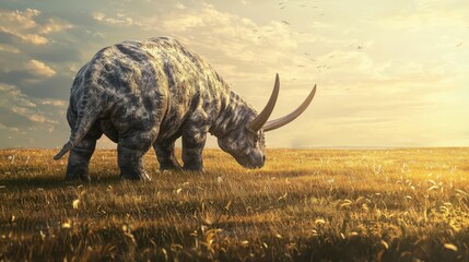 Fototapeta premium Majestic Dinosaur Grazing in a Golden Meadow at Sunset