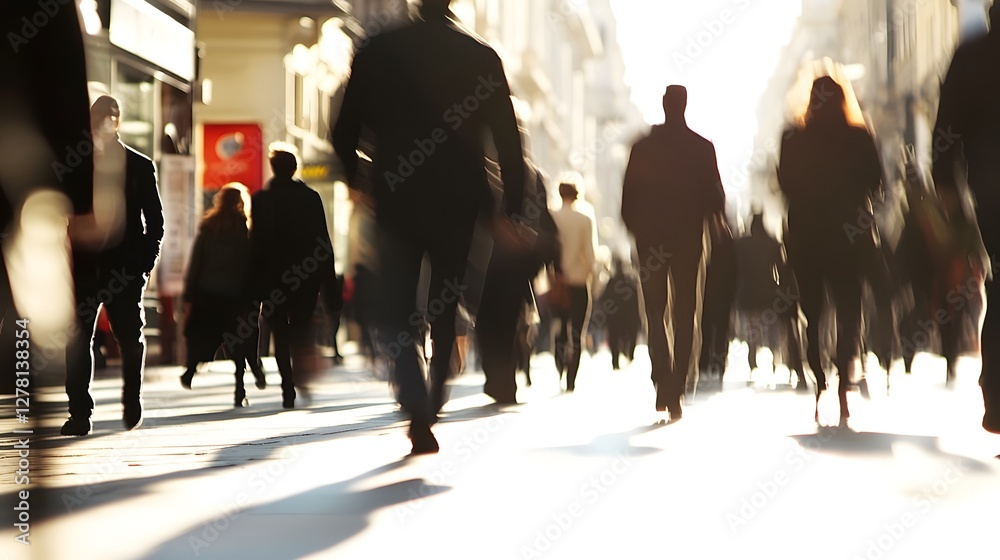 Poster blurred silhouettes of anonymous commuters rushing along a crowded urban street during a busy time o