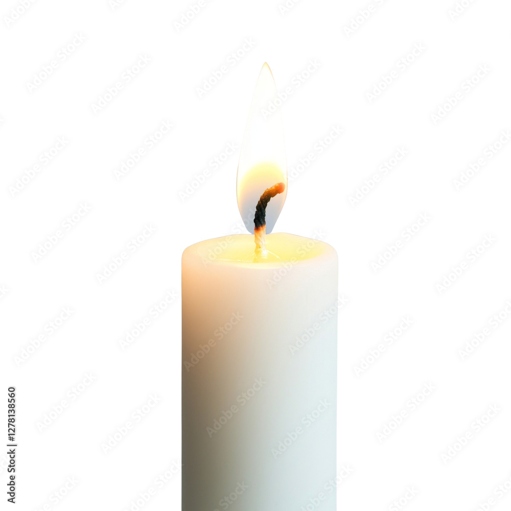 Poster lit white candle with flickering flame, symbolizing warmth and tranquility. soft glow creates serene