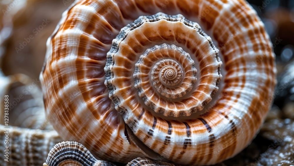 Poster close-up detailed view of a coiled seashell with intricate patterns and textures on natural sandy ba