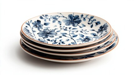 Stack of Blue and White Floral Ceramic Plates on White Background